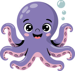 Adorable cartoon octopus with smiling face and bubbles in cute vector illustration
