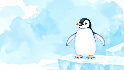 Fototapeta premium Cute Watercolor Penguin on Iceberg in Antarctica