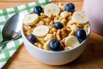 Bowl Of Original Rice Krispies A British Favourite Breakfast Cereal With Blueberries And Banana Fruit