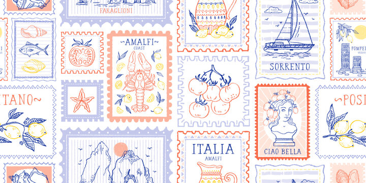 Summer Italy stamp seamless pattern. Italian postcard with lemon lobster boat. Amalfi beach background. Sea vintage print. Italy summer bg. Post stamp border. Seamless postage vector with Amalfi coast