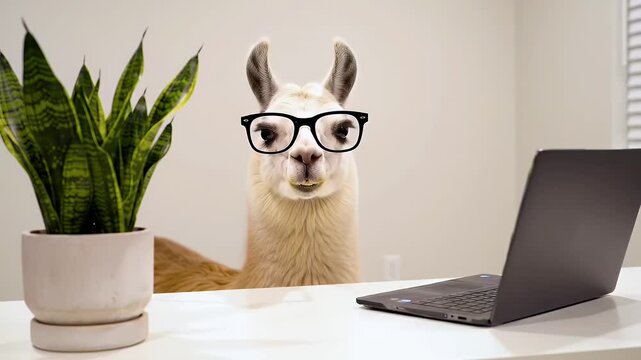 Llama wearing glasses sitting at a desk with a laptop