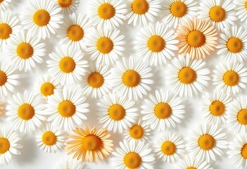 Fototapeta premium Simple, cute, randomly placed daisy heads form a minimal, seamless repeat pattern on a white background, wallpaper, sweet