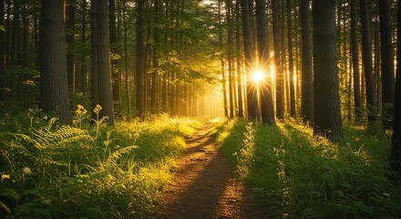 Obraz premium Forest path sunlight trees nature landscape scene