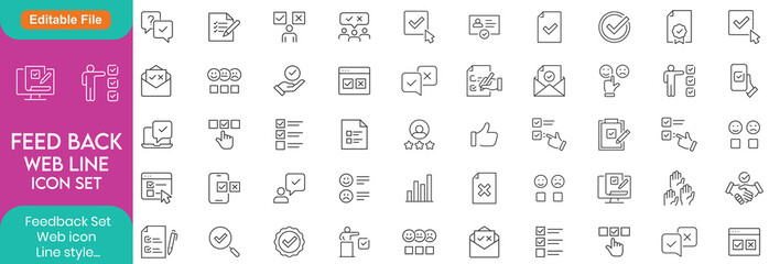 Feedback Outline Web line Icon Collection. Thin Line Set contains such Icons as Rating, Testimonials, Quick Response, Satisfaction and more. Simple web icons set.