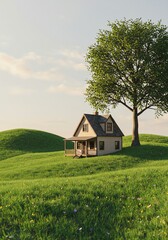 Obraz premium House on hill with tree landscape scene