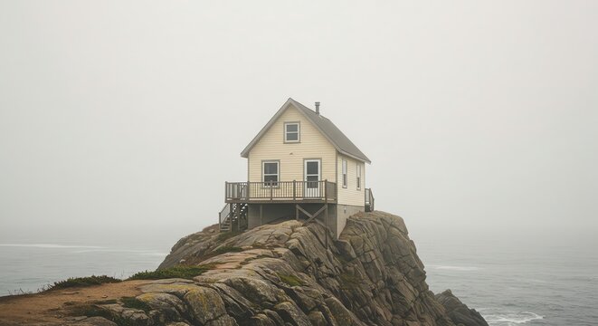 House on cliff coast misty landscape ocean