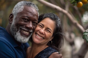 Portrait of a grinning multicultural couple in their 50s hugging each other kissing