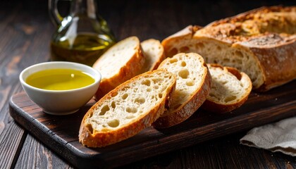 Rustic Bread and Olive Oil on Wooden Table