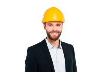 Confident young male engineer wearing yellow hard hat on transparent background, PNG