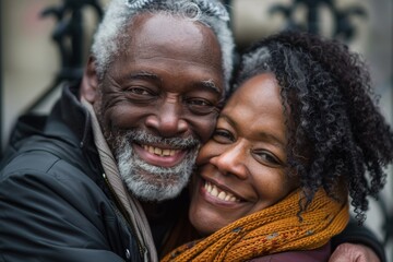Portrait of a grinning multicultural couple in their 50s hugging each other kissing