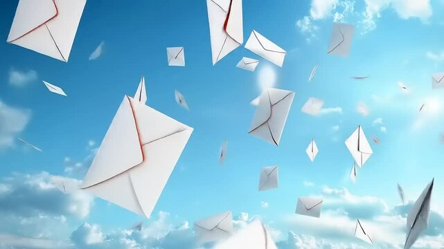 Floating envelopes against a bright blue sky with fluffy clouds, symbolizing communication and connection