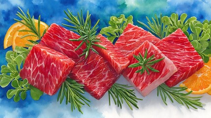 Realistic Watercolor Sketch of Beef Cuts with Herbs and Citrus Background