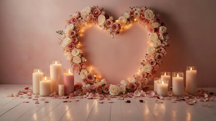 Soft pastel backdrop with heart-shaped elements, rose petals, candles, silky fabrics, and glowing fairy lights. Light and dreamy atmosphere, warm tones like blush pink, ivory, and soft red.
