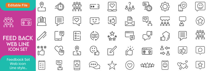 Feedback plan thin line icon set. Assessment, survey and answer. Customer review, rating, like, social media, comment, five star, opinion - stock vector.