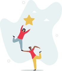 Reach for the star, teamwork or support to achieve business goal, partnership or manager mentorship to help success concept. character life .