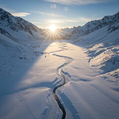 Winter landscape with snow mountains and river