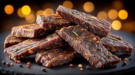 Detailed Realistic Beef Jerky Display with Warm Lighting and Atmospheric Background