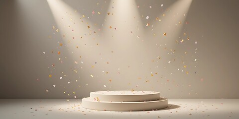 Neutral minimal background with soft spotlight, clean pedestal, and floating confetti — designed for logo/product overlay.