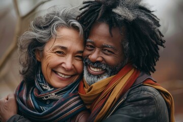 Portrait of a smiling multicultural couple in their 50s hugging each other