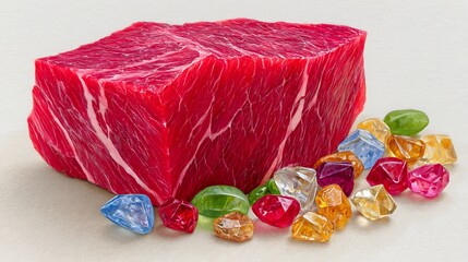 Realistic Sketch of Raw Beef Steak Surrounded by Colorful Gemstones and Jewels