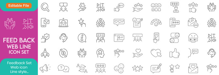 Feedback plan thin line icon set. Assessment, survey and answer. Customer review, rating, like, social media, comment, five star, opinion - stock vector.