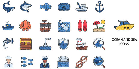 Ocean and Sea simple concept 24 hand drawn color icons set .Vector illustration.