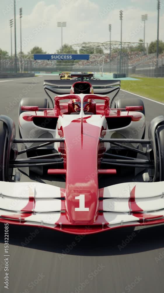Fototapete dynamic front view shot of a generic formula one race car driving along the homestretch over the fin