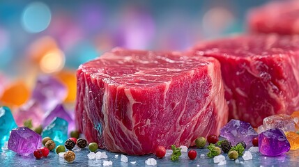 Realistic Beef Steak with Colorful Gems and Artistic Watercolor Lighting