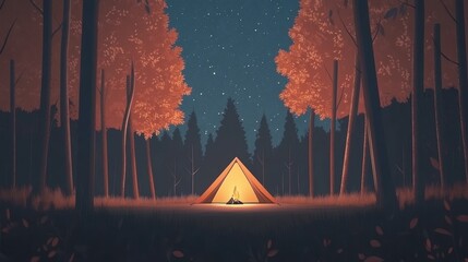 A tent glows warmly in a forest clearing under a starry night sky, surrounded by tall trees.