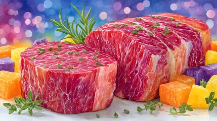 Realistic Watercolor Sketch of Beef with Colorful Background and Herbs
