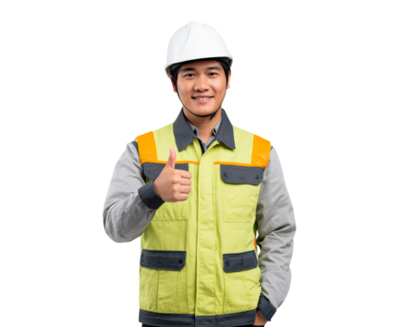 Construction worker giving thumbs up in safety gear isolated on transparent background, PNG