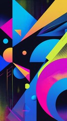 Abstract bright composition with geometric shapes and patterns, blue, pink, and yellow colors.