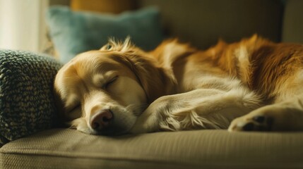 Dog Golden Retriever dog sleeping on a cozy sofa, illuminated by soft, warm window light