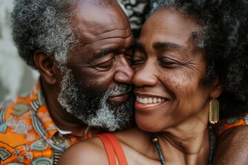 Portrait of a grinning afro-american couple in their 50s kissing