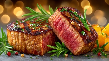 Realistic watercolor sketch of gourmet beef with herbs and dramatic lighting
