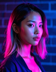 Colorful Neon Girl Portrait with Pink Hair
