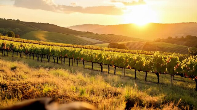Cornucopia of fruits at vineyard with rolling hills at sunrise, a concept of bounty and autumn harvest season, food and drink destination