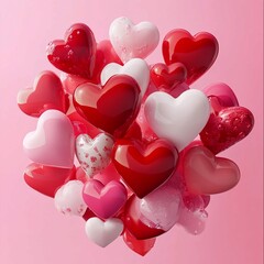 Assortment of red, pink, and white 3D hearts with varying textures, floating on a soft pink background