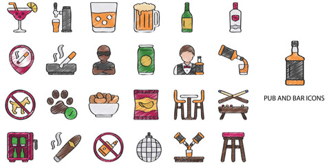 Pub and Bar simple concept 24 hand drawn color icons set .Vector illustration.