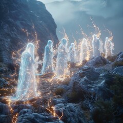 Ethereal beings of light with glowing particles, walking on a rocky, misty mountain path, symbolizing spirituality or transcendence