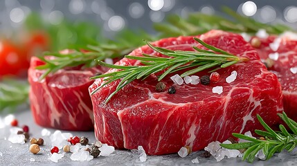 Realistic Beef Cuts with Fresh Herbs and Spices in a Watercolor Sketch Style
