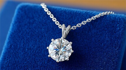 Realistic Painting of a Diamond Pendant Necklace on Blue Velvet Background