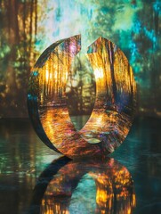Abstract reflective sculpture displaying a forest scene, with a matching reflection on a wet surface
