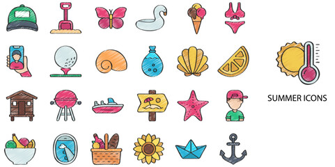 Summer simple concept 24 hand drawn color icons set. Vector illustration.