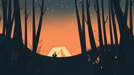 A person camping in a forest at dusk, under a starry night sky.