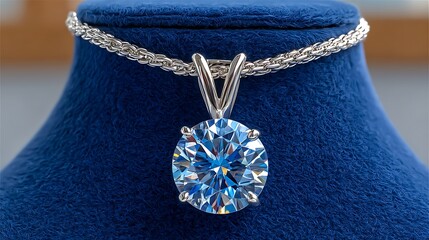 Realistic Painting of a Sparkling Diamond Pendant Necklace on a Blue Background