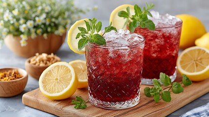 Refreshing Red Wine Spritzer Cocktail with Lemon and Mint Garnish in Glasses