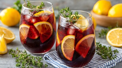 Refreshing Red Wine Spritzer Cocktail with Lemon Slices and Fresh Herbs in Glasses