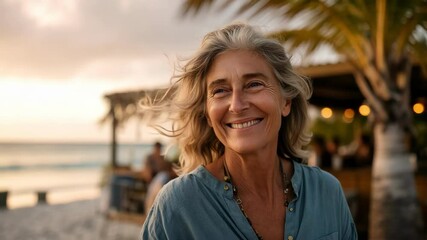 Elegant older woman with windswept hair smiles warmly at a tropical beach bar during golden sunset hour with people in background.
 - Powered by Adobe