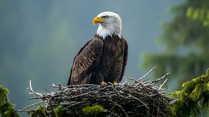Obraz premium Majestic bald eagle perched atop a nest.